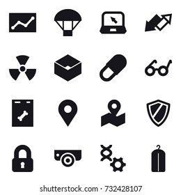 16 vector icon set : statistic, parachute, notebook, up down arrow, nuclear, box, shield, locked, surveillance camera, dry wash