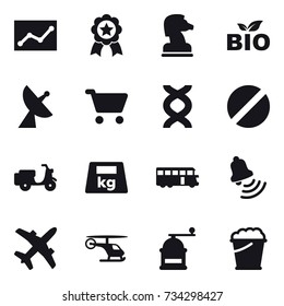 16 vector icon set : statistic, medal, chess horse, bio, satellite antenna, cart, bus, bell, hand mill, foam bucket