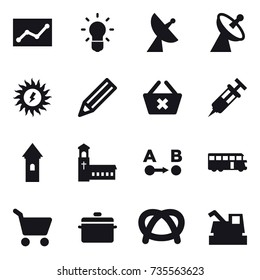 16 vector icon set : statistic, bulb, satellite antenna, sun power, pencil, delete cart, tower, church, bus, cart, pan, harvester