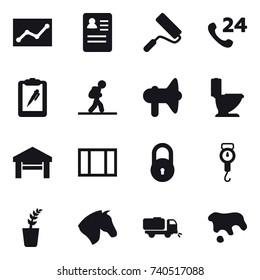 16 vector icon set : statistic, repair, tourist, loudspeaker, toilet, garage, window, handle scales, seedling, horse, sweeper, spot