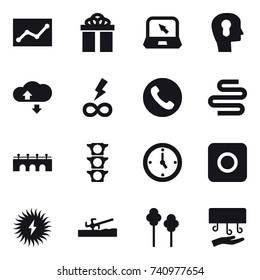 16 vector icon set : statistic, gift, notebook, bulb head, cloude service, infinity power, phone, bridge, watch, ring button, soil cutter, trees, hand dryer