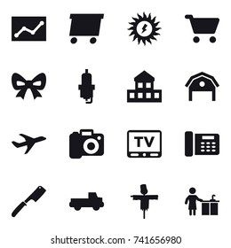 16 vector icon set : statistic, delivery, sun power, cart, bow, spark plug, cottage, barn, camera, tv, chef knife, pickup, scarecrow, kitchen cleaning