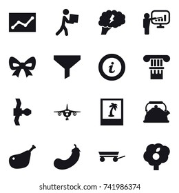 16 vector icon set : statistic, courier, brain, presentation, bow, funnel, info, column, plane, photo, kettle, eggplant, trailer, garden
