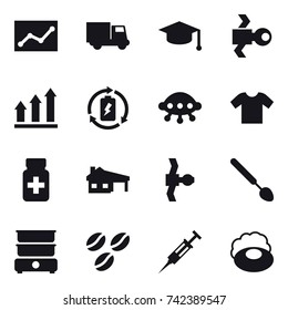 16 vector icon set : statistic, truck, graduate hat, satellite, graph up, battery charge, ufo, t-shirt, house with garage, big spoon, coffee seeds, syringe, soap