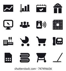 16 vector icon set : statistic, graph, calendar, gift, monitor arrow, group, pass card, cpu, store, baby stroller, cart, intercome, towel, rake