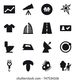 16 vector icon set : statistic, telescope, crypto currency, bang, t-shirt, skyscraper, check in, toilet, iron, satellite antenna, handle scales, microb, garden cleaning