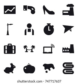 16 vector icon set : statistic, hand coin, shoes, factory, outdoor light, deltaplane, suitcase, palm hammock, rabbit, tomato, spot, stack of towels