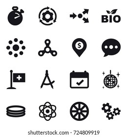 16 vector icon set : stopwatch, around gear, core splitting, bio, round around, spinner, dollar pin, ballon, draw compass, disco ball, inflatable pool, wheel, gears