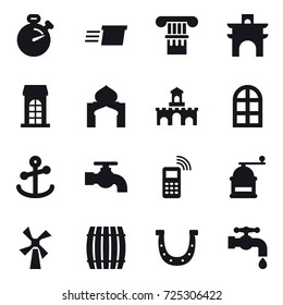 16 vector icon set : stopwatch, delivery, column, arch, building, minaret, fort, arch window, water tap, hand mill, windmill, barrel, horseshoe