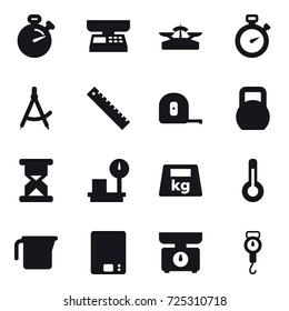 16 vector icon set : stopwatch, market scales, scales, draw compass, ruler, measuring tape, thermometer, measuring cup, kitchen scales, handle scales