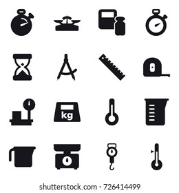 16 vector icon set : stopwatch, scales, scales weight, draw compass, ruler, measuring tape, thermometer, measuring cup, kitchen scales, handle scales