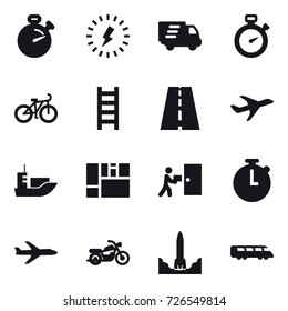 16 vector icon set : stopwatch, lightning, delivery, bike, stairs, plane, motorcycle