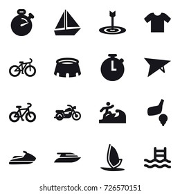 16 vector icon set : stopwatch, boat, target, t-shirt, bike, stadium, deltaplane, motorcycle, surfer, golf, jet ski, yacht, windsurfing, pool