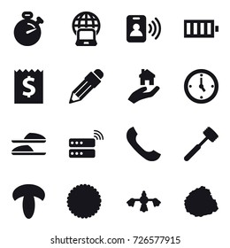 16 vector icon set : stopwatch, notebook globe, pass card, battery, receipt, pencil, real estate, watch, slippers, meat hammer, hard reach place cleaning, pile of garbage