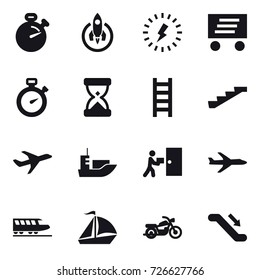 16 vector icon set : stopwatch, rocket, lightning, delivery, stairs, plane, train, sail boat, motorcycle, escalator