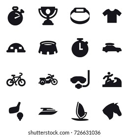 16 vector icon set : stopwatch, trophy, smart bracelet, t-shirt, dome house, stadium, car baggage, bike, motorcycle, diving mask, surfer, golf, yacht, windsurfing, horse