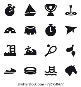 16 vector icon set : stopwatch, boat, trophy, target, dome house, stadium, deltaplane, pool, surfer, tennis, golf, jet ski, inflatable pool, horse