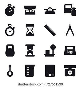 16 vector icon set : stopwatch, market scales, scales, scales weight, ruler, drawing compass, thermometer, measuring cup, kitchen scales