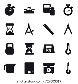 16 vector icon set : stopwatch, scales, scales weight, draw compass, ruler, drawing compass, thermometer, measuring cup, kitchen scales