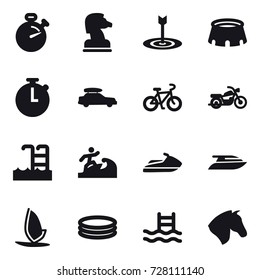 16 vector icon set : stopwatch, chess horse, target, stadium, car baggage, bike, motorcycle, pool, surfer, jet ski, yacht, windsurfing, inflatable pool, horse