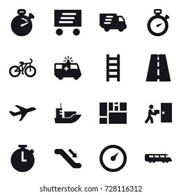 16 vector icon set : stopwatch, delivery, bike, stairs, escalator, barometer
