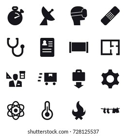 16 vector icon set : stopwatch, satellite antenna, virtual mask, fence, plan, architector, baggage get, fire, drying clothe