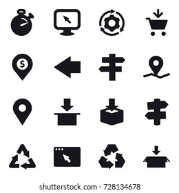 16 vector icon set : stopwatch, monitor arrow, around gear, add to cart, dollar pin, left arrow, singlepost, signpost, recycling, package