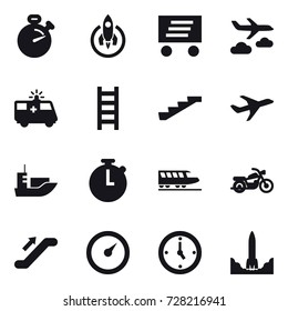 16 vector icon set : stopwatch, rocket, delivery, journey, stairs, train, motorcycle, escalator, barometer, watch