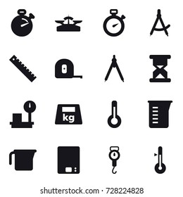 16 vector icon set : stopwatch, scales, draw compass, ruler, measuring tape, drawing compass, thermometer, measuring cup, kitchen scales, handle scales