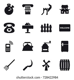 16 vector icon set : stopwatch, column, greate wall, japanese house, restaurant, fence, welcome mat, kettle, hand mill, fork, sickle, windmill, barrel