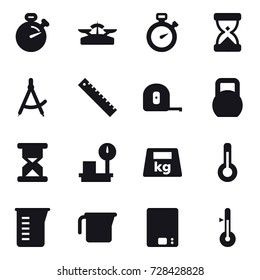 16 vector icon set : stopwatch, scales, draw compass, ruler, measuring tape, thermometer, measuring cup, kitchen scales