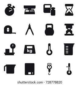 16 vector icon set : stopwatch, market scales, scales weight, measuring tape, drawing compass, thermometer, measuring cup, kitchen scales, handle scales