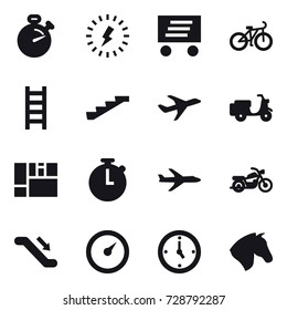 16 vector icon set : stopwatch, lightning, delivery, bike, stairs, plane, motorcycle, escalator, barometer, watch, horse