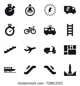 16 vector icon set : stopwatch, rocket, lightning, delivery, bike, stairs, train, escalator
