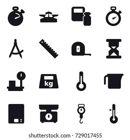 16 vector icon set : stopwatch, scales, scales weight, draw compass, ruler, measuring tape, thermometer, measuring cup, kitchen scales, handle scales