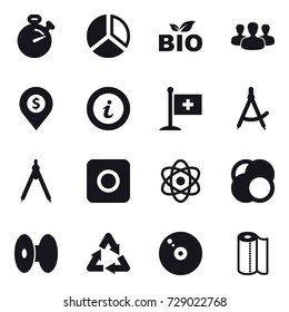 16 vector icon set : stopwatch, diagram, bio, group, dollar pin, info, draw compass, drawing compass, ring button, paper towel