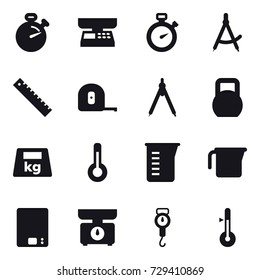 16 vector icon set : stopwatch, market scales, draw compass, ruler, measuring tape, drawing compass, thermometer, measuring cup, kitchen scales, handle scales