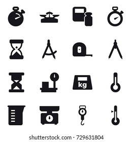 16 vector icon set : stopwatch, scales, scales weight, draw compass, measuring tape, drawing compass, thermometer, measuring cup, kitchen scales, handle scales
