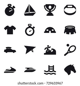 16 vector icon set : stopwatch, boat, trophy, smart bracelet, t-shirt, dome house, stadium, car baggage, deltaplane, surfer, tennis, jet ski, yacht, pool, horse