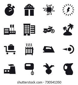 16 vector icon set : stopwatch, gift, chip, lightning, store, houses, motorcycle, island, baggage trolley, radiator, iron, beet, jug