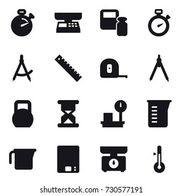 16 vector icon set : stopwatch, market scales, scales weight, draw compass, ruler, measuring tape, drawing compass, measuring cup, kitchen scales, thermometer