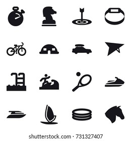16 vector icon set : stopwatch, chess horse, target, smart bracelet, bike, dome house, car baggage, deltaplane, pool, surfer, tennis, jet ski, yacht, windsurfing, inflatable pool, horse