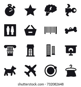 16 vector icon set : stopwatch, star, brain, satellite, wc, remove from basket, barcode, bone, column, building, skyscrapers, presentation, dog, hanger