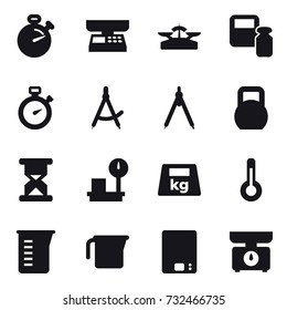 16 vector icon set : stopwatch, market scales, scales, scales weight, draw compass, drawing compass, thermometer, measuring cup, kitchen scales