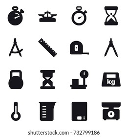 16 vector icon set : stopwatch, scales, draw compass, ruler, measuring tape, drawing compass, thermometer, measuring cup, kitchen scales