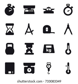 16 vector icon set : stopwatch, market scales, scales, draw compass, measuring tape, drawing compass, thermometer, kitchen scales, handle scales