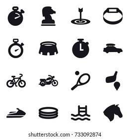 16 vector icon set : stopwatch, chess horse, target, smart bracelet, stadium, car baggage, bike, motorcycle, tennis, golf, jet ski, inflatable pool, pool, horse