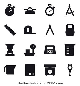 16 vector icon set : stopwatch, scales, draw compass, ruler, measuring tape, drawing compass, measuring cup, kitchen scales, handle scales