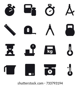 16 vector icon set : stopwatch, scales weight, draw compass, ruler, measuring tape, drawing compass, thermometer, measuring cup, kitchen scales