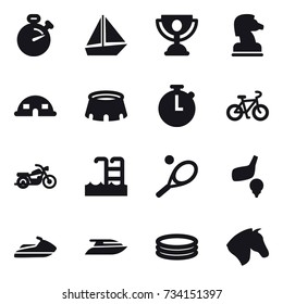 16 vector icon set : stopwatch, boat, trophy, chess horse, dome house, stadium, bike, motorcycle, pool, tennis, golf, jet ski, yacht, inflatable pool, horse